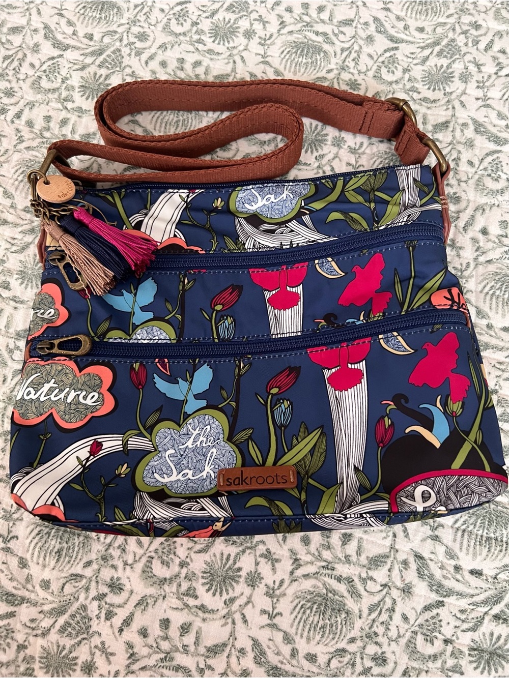 Sakroots Navy Floral Crossbody with Brown Strap